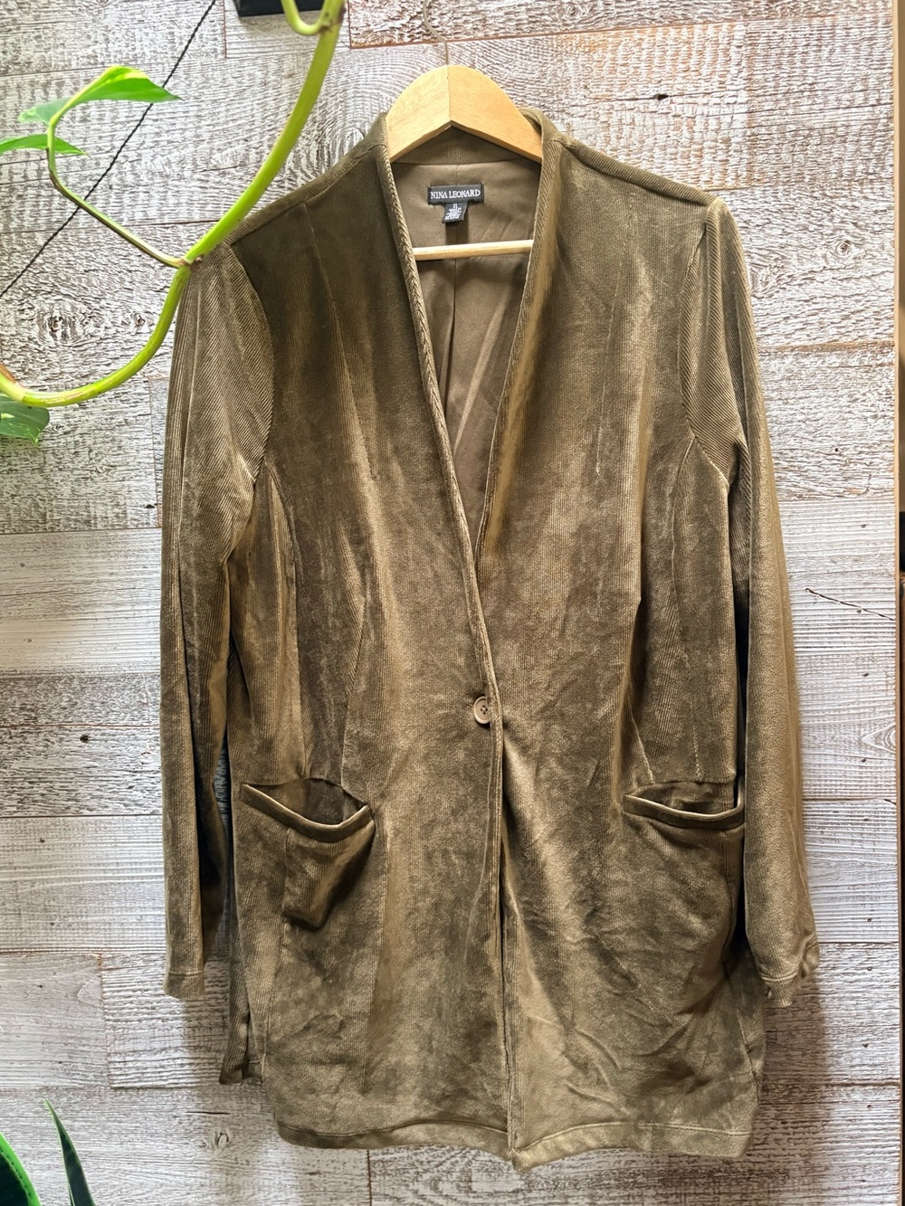 Nina Leonard | Vintage-Inspired Long Soft Velour Cardigan - XL, Bronzed Olive